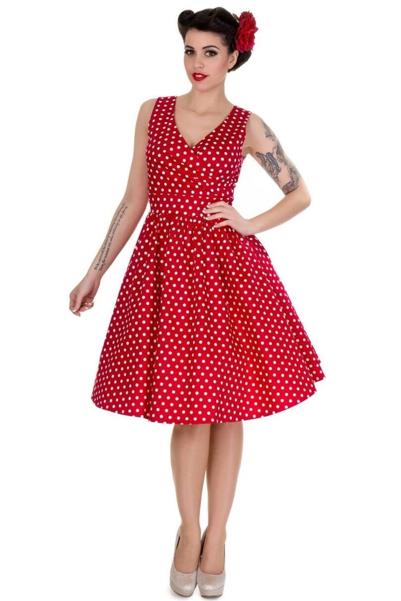 May V-neck 50s Style Swing Dress in Red Polka  Shop now at Kitty Darling