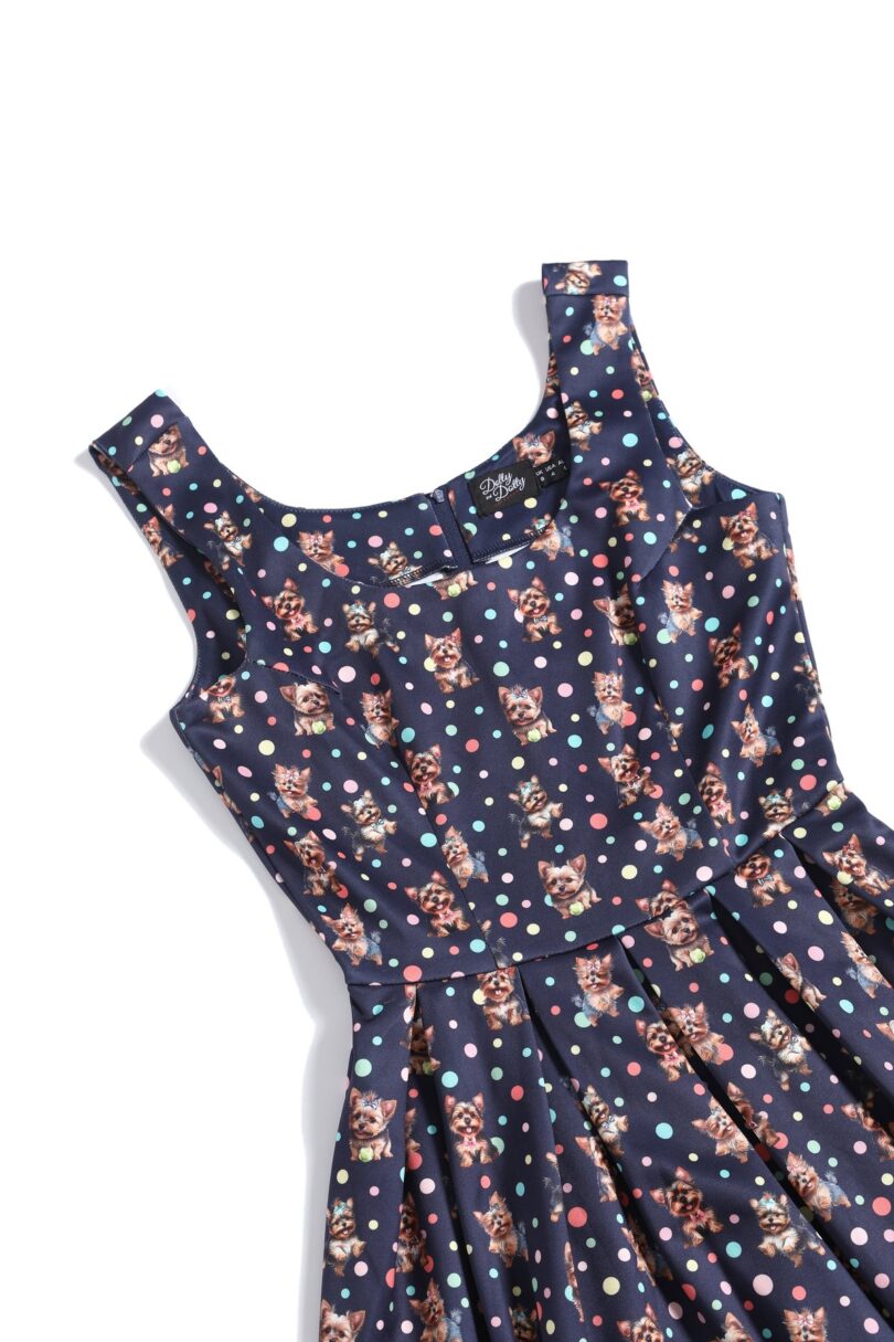 Amanda Purple Yorkie & Colourful Polka Dot Print Swing Dress  Shop now at Kitty Darling