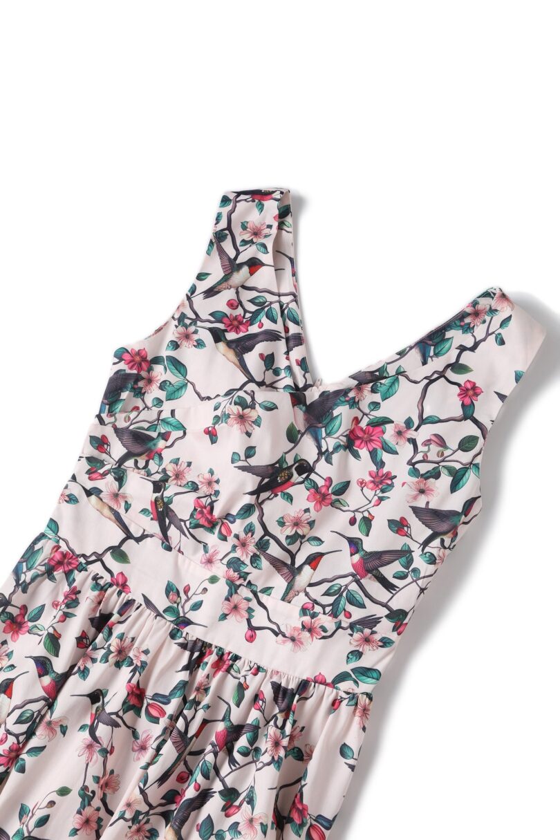 May V-neck White 50's Style Floral/Bird Print Swing Dress  Shop now at Kitty Darling