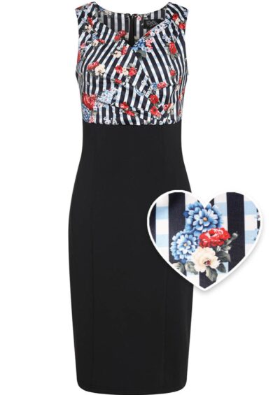 Cheryl Fitted Glam Vintage Striped Floral Print & Black Skirt – Skirt | Kitty Darling