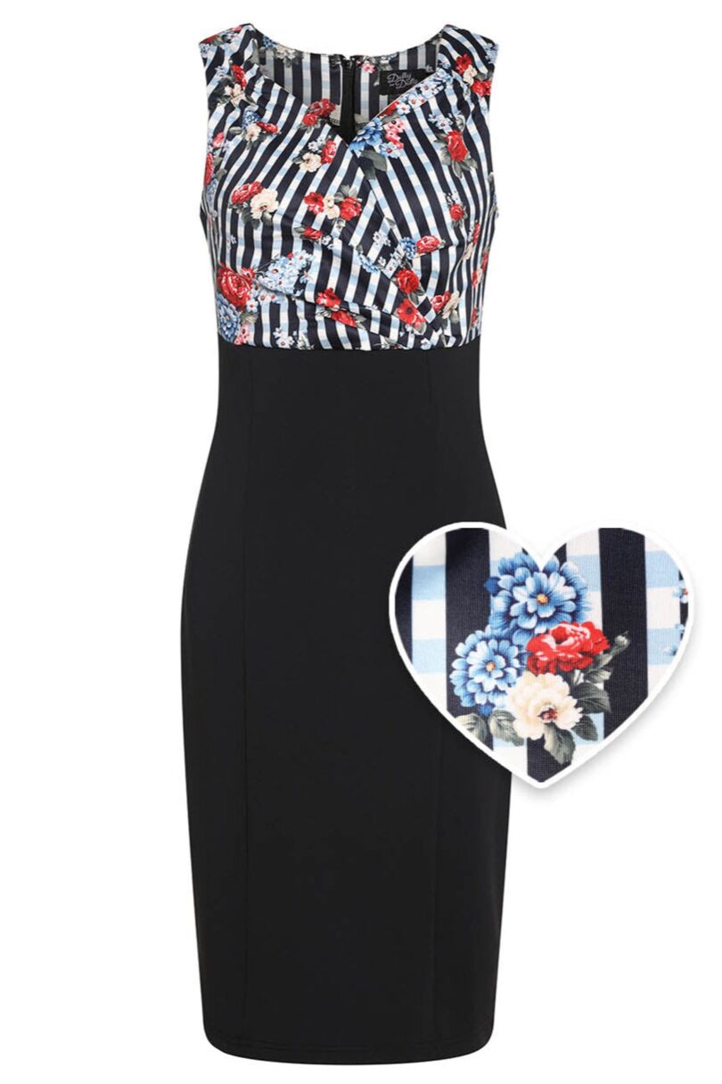 Cheryl Fitted Glam Vintage Striped Floral Print & Black Skirt  Shop now at Kitty Darling