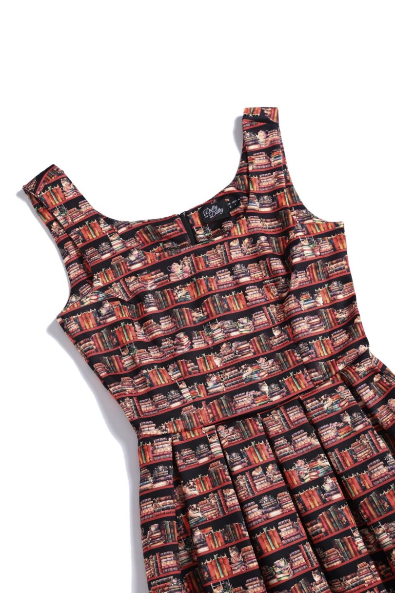 Amanda Vintage Inspired Library Book & Cat Print Swing Dress  Shop now at Kitty Darling