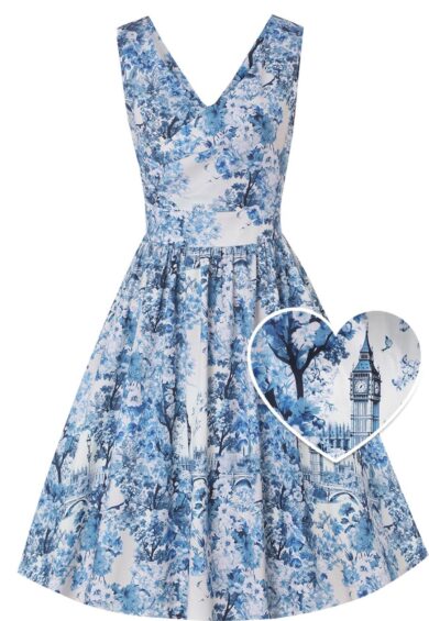 May V-neck White 50's Style Blue Big Ben Print Swing Dress – Dresses | Kitty Darling