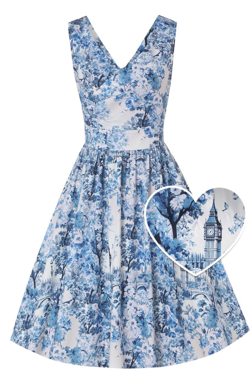 May V-neck White 50's Style Blue Big Ben Print Swing Dress  Shop now at Kitty Darling