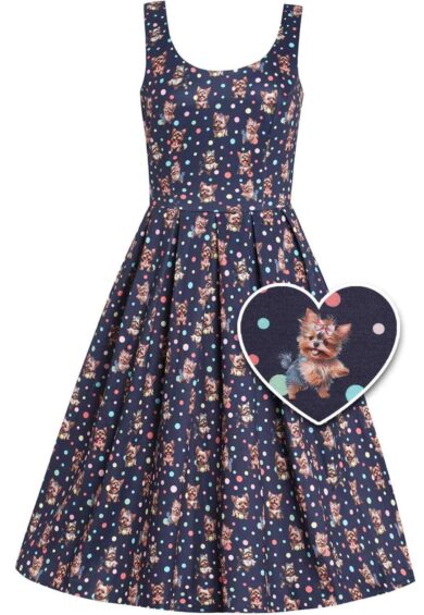Amanda Purple Yorkie & Colourful Polka Dot Print Swing Dress – Dresses | Kitty Darling