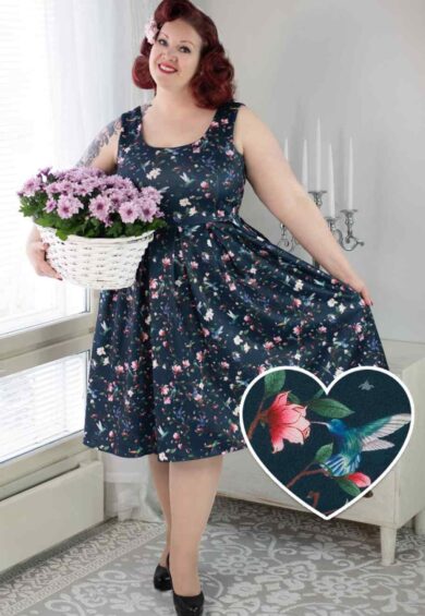 Amanda Swing Dress in Navy Blue Hummingbird Print – Dresses | Kitty Darling