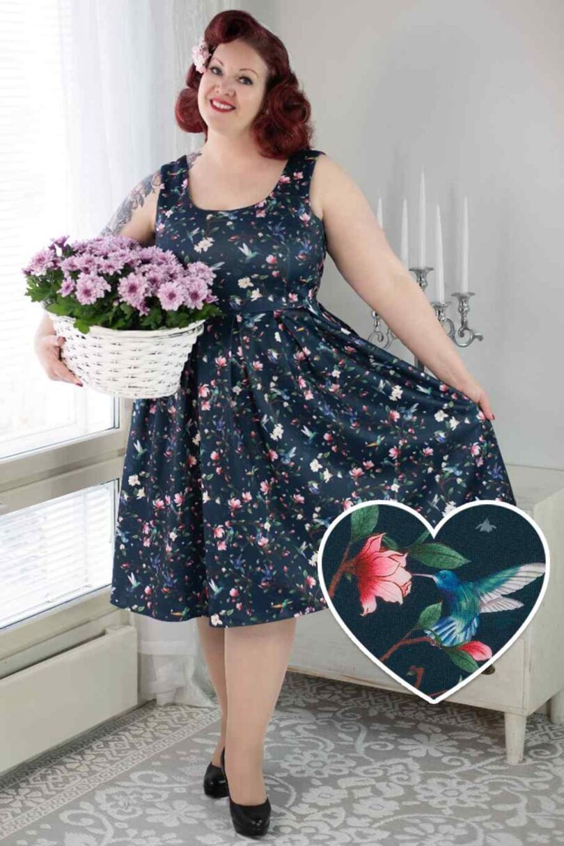 Amanda Swing Dress in Navy Blue Hummingbird Print  Shop now at Kitty Darling