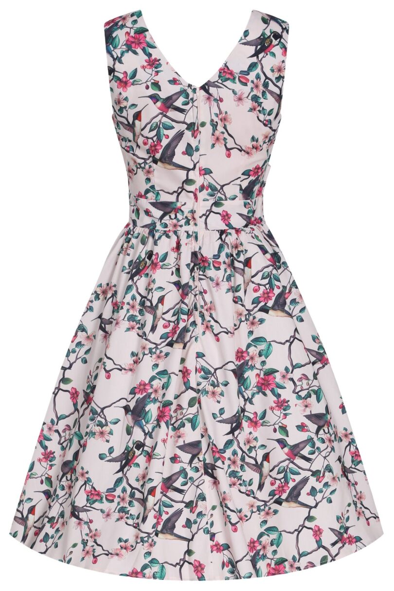 May V-neck White 50's Style Floral/Bird Print Swing Dress  Shop now at Kitty Darling