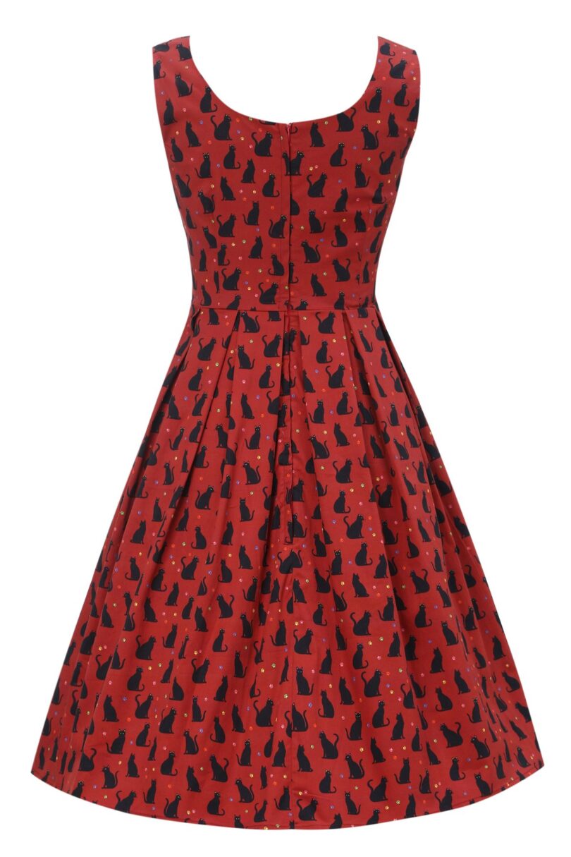 Amanda Vintage-Inspired Burgundy Cat Print Dress  Shop now at Kitty Darling