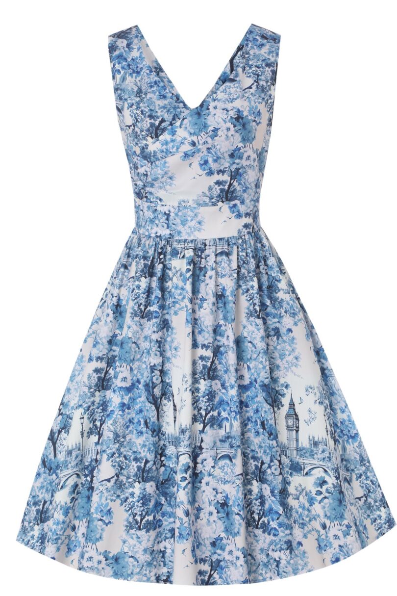May V-neck White 50's Style Blue Big Ben Print Swing Dress  Shop now at Kitty Darling