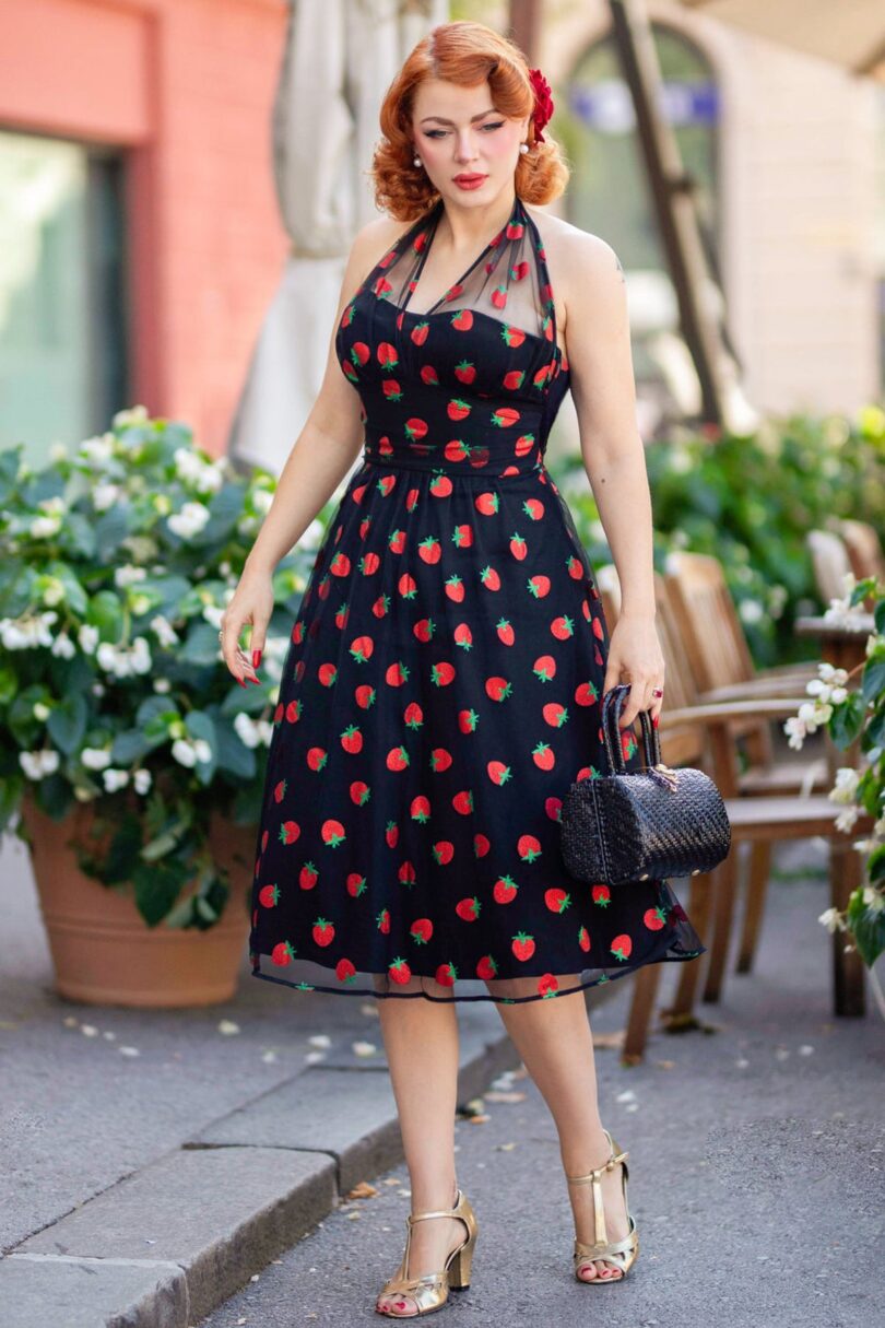 Dorothea Black Strawberry Mesh Dress  Shop now at Kitty Darling