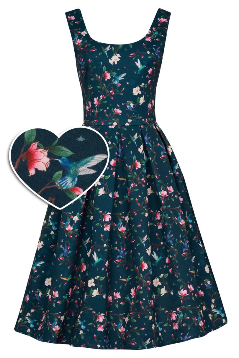 Amanda Swing Dress in Navy Blue Hummingbird Print  Shop now at Kitty Darling