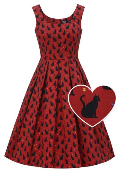Amanda Vintage-Inspired Burgundy Cat Print Dress – Dresses | Kitty Darling