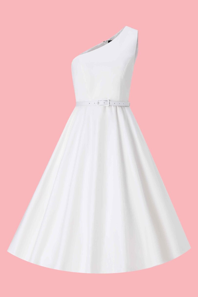 Susan Asymmetrical Elegant White Vintage Swing Dress  Shop now at Kitty Darling