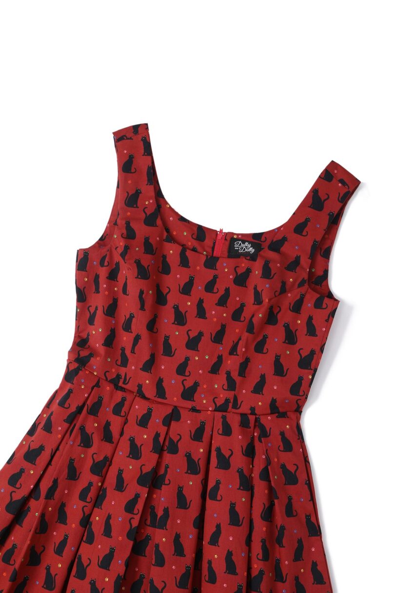 Amanda Vintage-Inspired Burgundy Cat Print Dress  Shop now at Kitty Darling