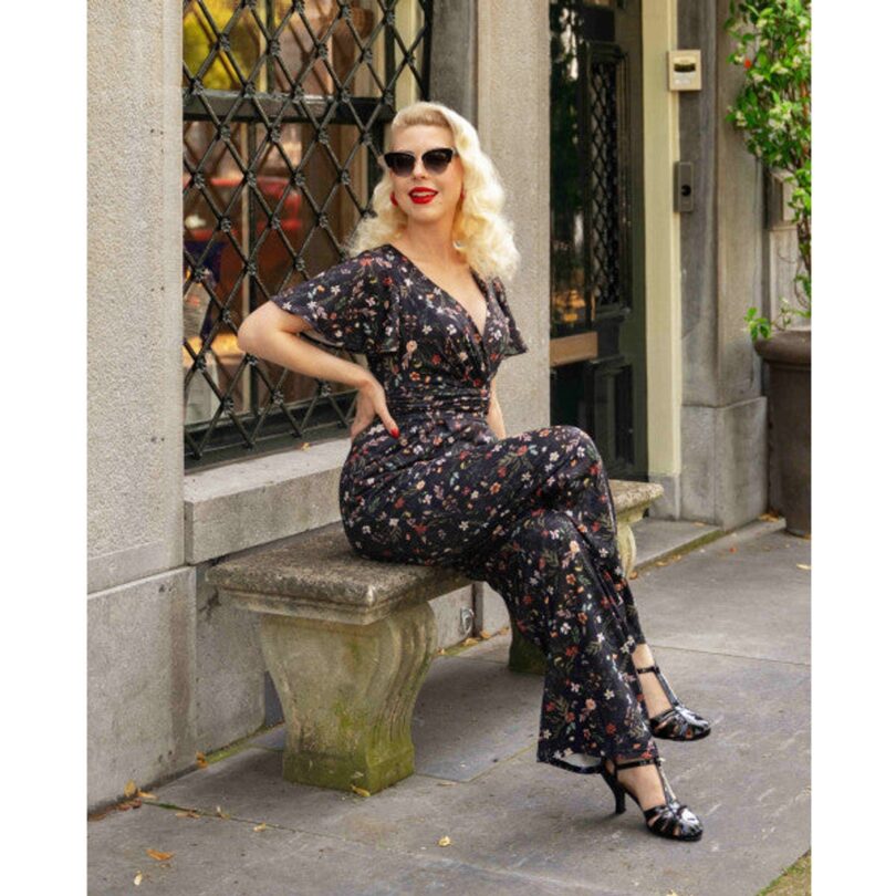 Esther Black Meadow Butterfly Sleeved Jumpsuit  Shop now at Kitty Darling