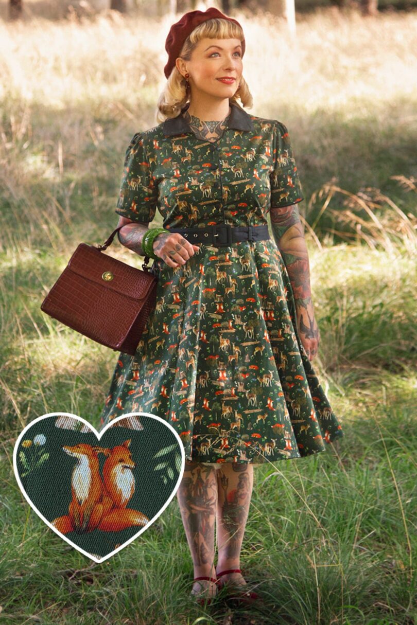 Penelope Dark Green Woodland Shirt Dress  Shop now at Kitty Darling