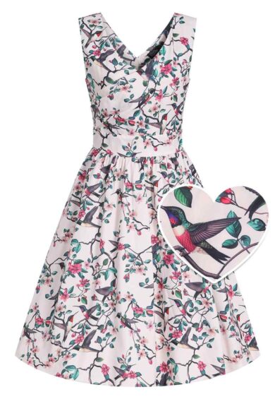 May V-neck White 50's Style Floral/Bird Print Swing Dress – Dresses | Kitty Darling