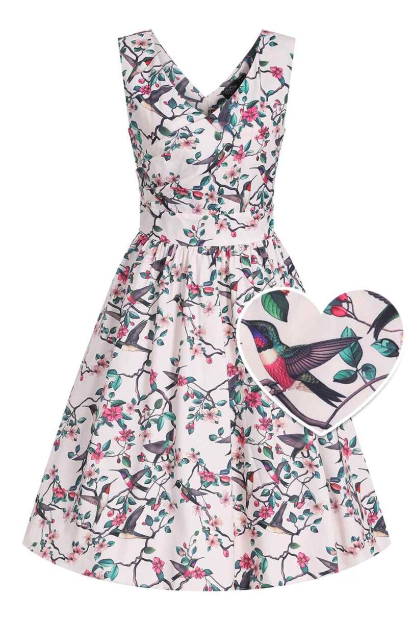 May V-neck White 50's Style Floral/Bird Print Swing Dress  Shop now at Kitty Darling