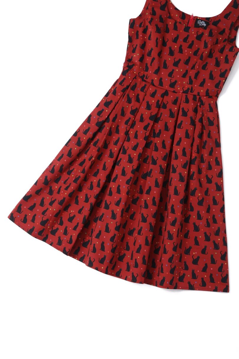 Amanda Vintage-Inspired Burgundy Cat Print Dress  Shop now at Kitty Darling