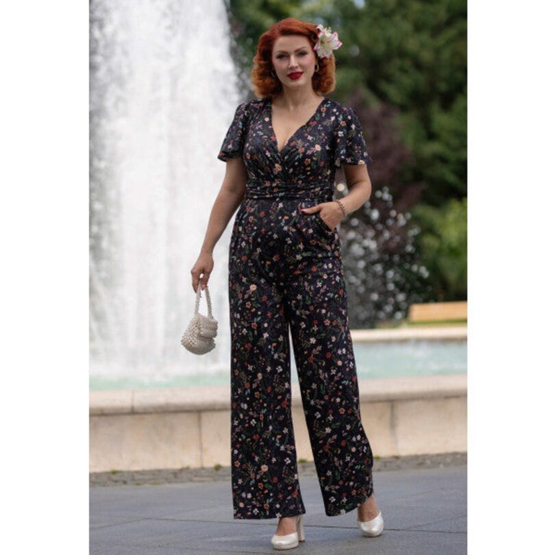 Esther Black Meadow Butterfly Sleeved Jumpsuit  Shop now at Kitty Darling