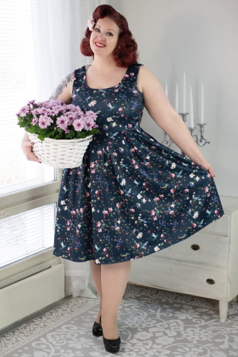 Amanda Swing Dress in Navy Blue Hummingbird Print  Shop now at Kitty Darling