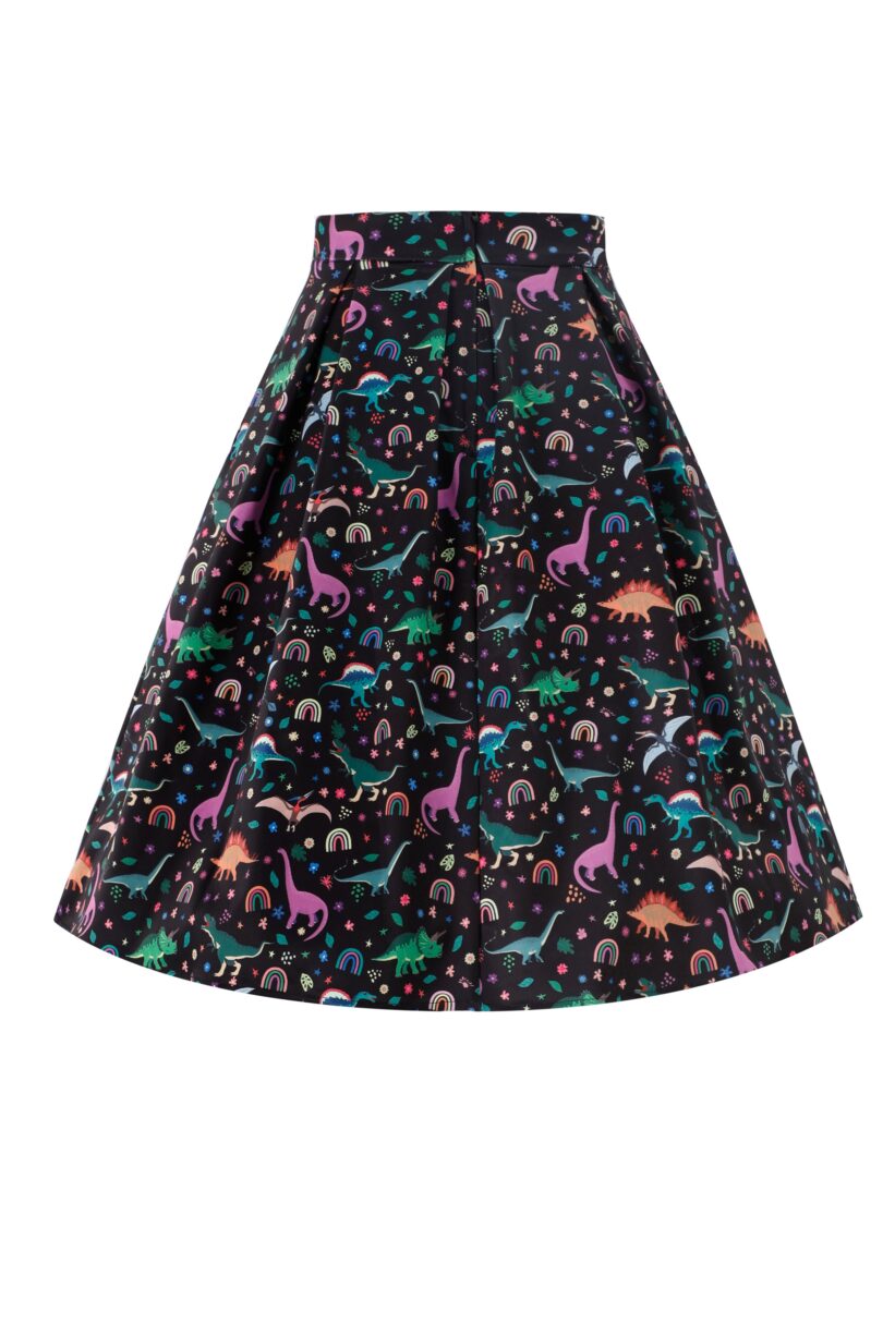 Aisley Dinosaur Pleated Midi Skirt In Black  Shop now at Kitty Darling