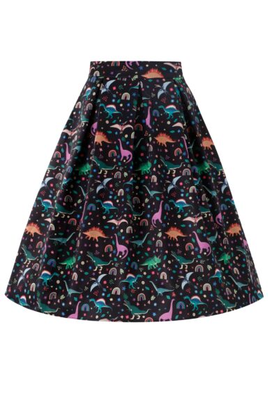 Aisley Dinosaur Pleated Midi Skirt In Black – Skirt | Kitty Darling