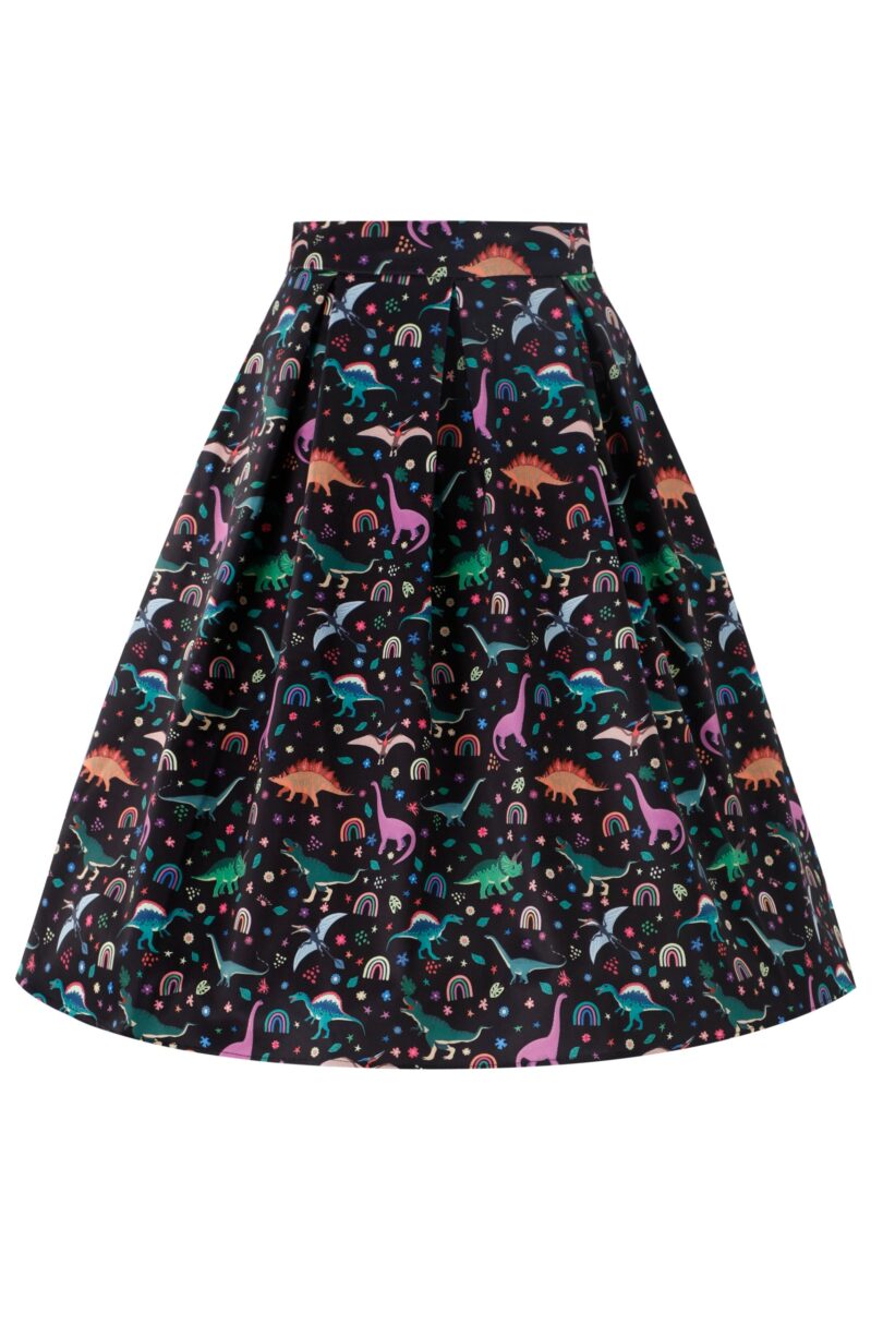 Aisley Dinosaur Pleated Midi Skirt In Black  Shop now at Kitty Darling