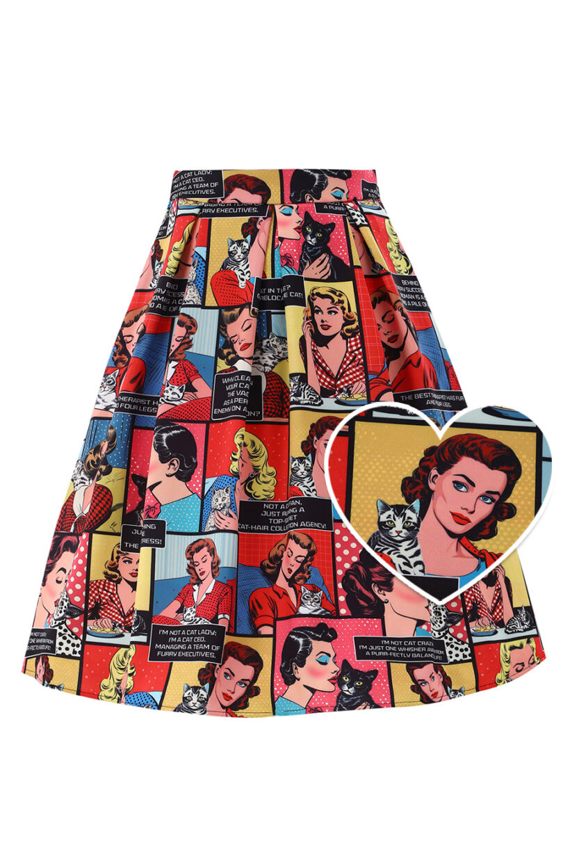 Aisley Box Pleated Skirt In Cat Lover Print  Shop now at Kitty Darling