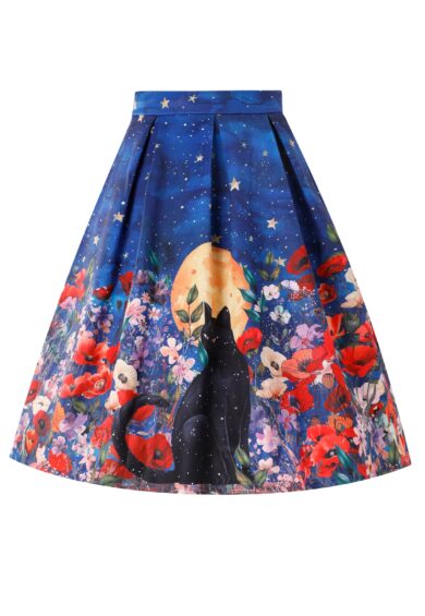 Aisley Black Cat Midnight Garden Pleated Midi Skirt – Skirt | Kitty Darling