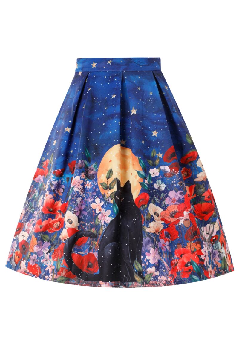 Aisley Black Cat Midnight Garden Pleated Midi Skirt  Shop now at Kitty Darling