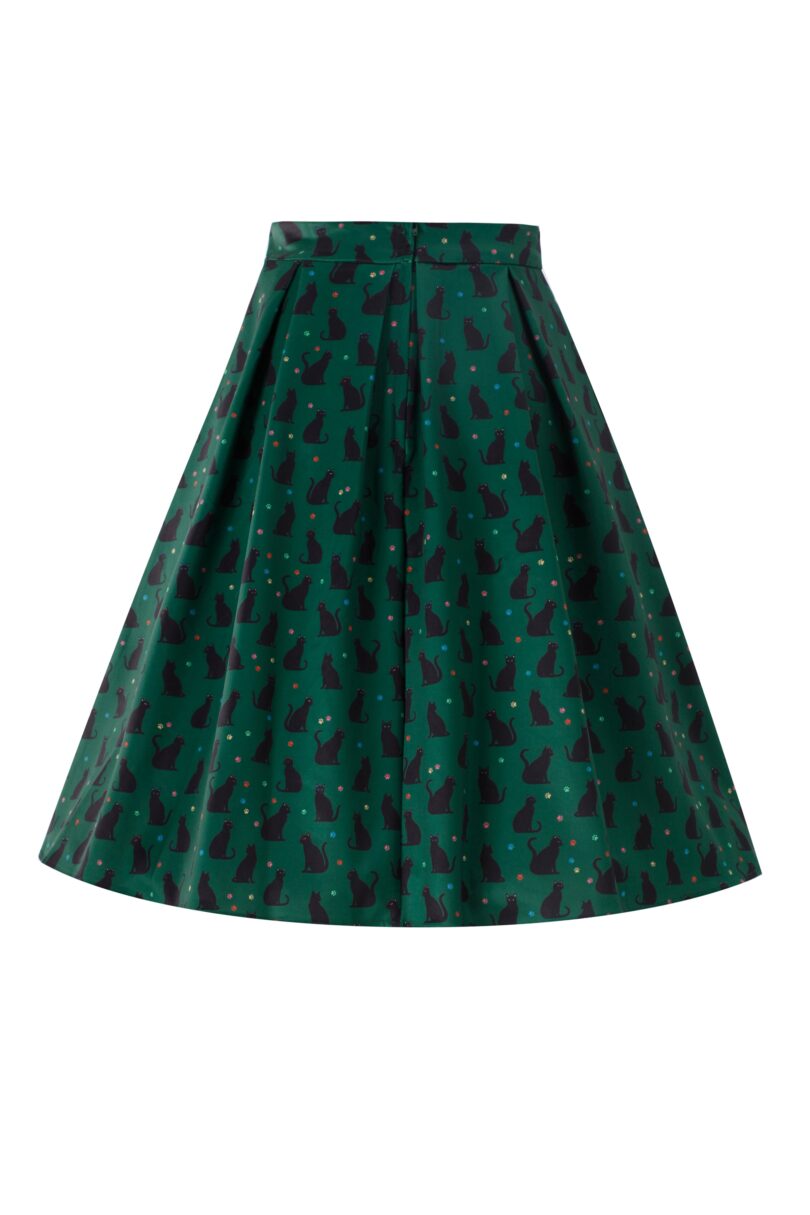 Aisley Black Cat Pleated Midi Skirt In Green  Shop now at Kitty Darling