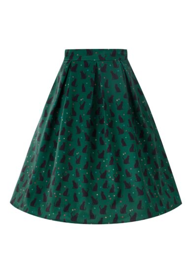 Aisley Black Cat Pleated Midi Skirt In Green – Skirt | Kitty Darling