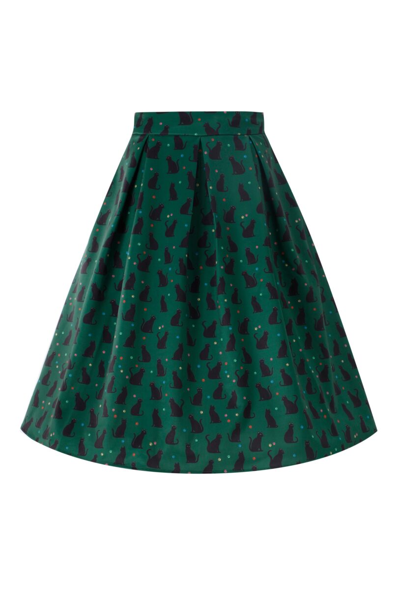 Aisley Black Cat Pleated Midi Skirt In Green  Shop now at Kitty Darling