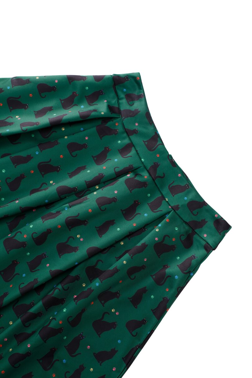 Aisley Black Cat Pleated Midi Skirt In Green  Shop now at Kitty Darling