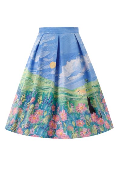 Aisley Cat Adventure Pleated Midi Skirt – Skirt | Kitty Darling