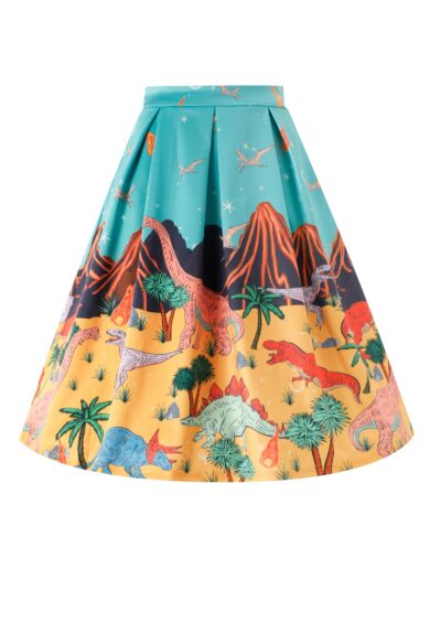 Aisley Dinosaur Extinction Pleated Midi Skirt – Skirt | Kitty Darling