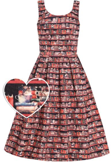 Amanda Vintage Inspired Library Book & Cat Print Swing Dress – Dresses | Kitty Darling