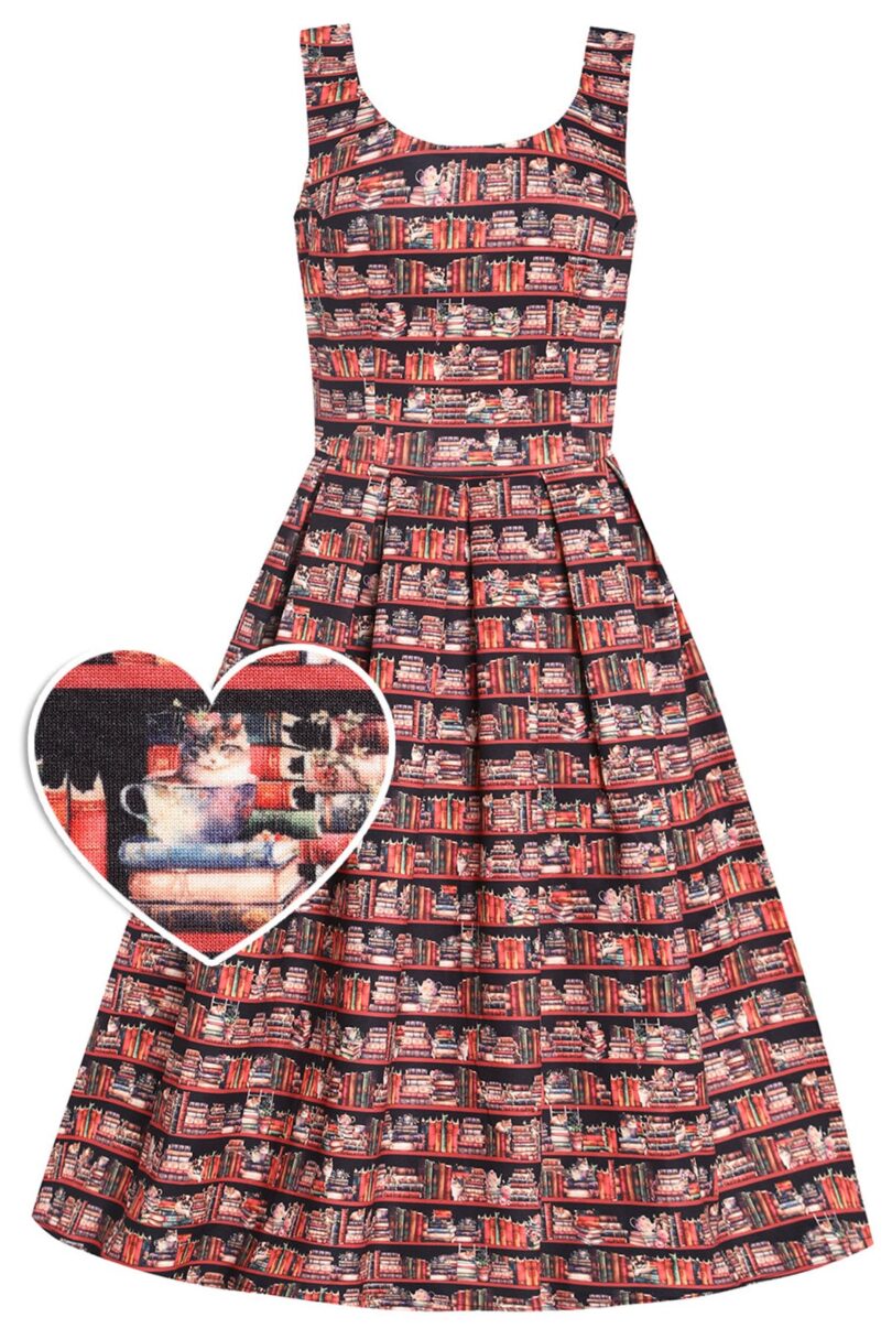 Amanda Vintage Inspired Library Book & Cat Print Swing Dress  Shop now at Kitty Darling
