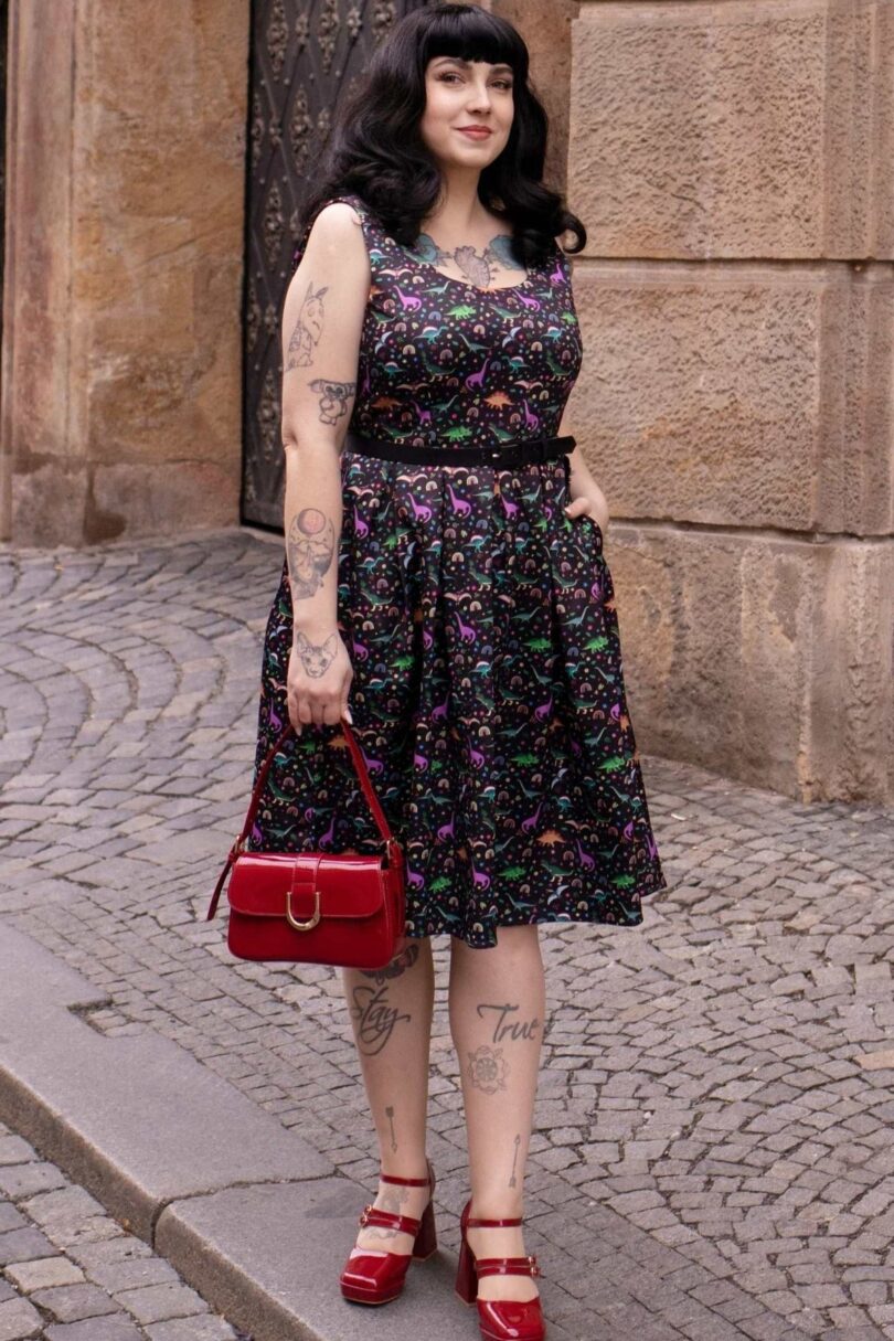 Amanda Black Dinosaur Print Swing Dress  Shop now at Kitty Darling