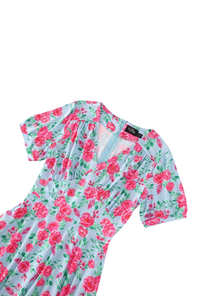Julia Pink Rose Midi Dress In Baby Blue  Shop now at Kitty Darling