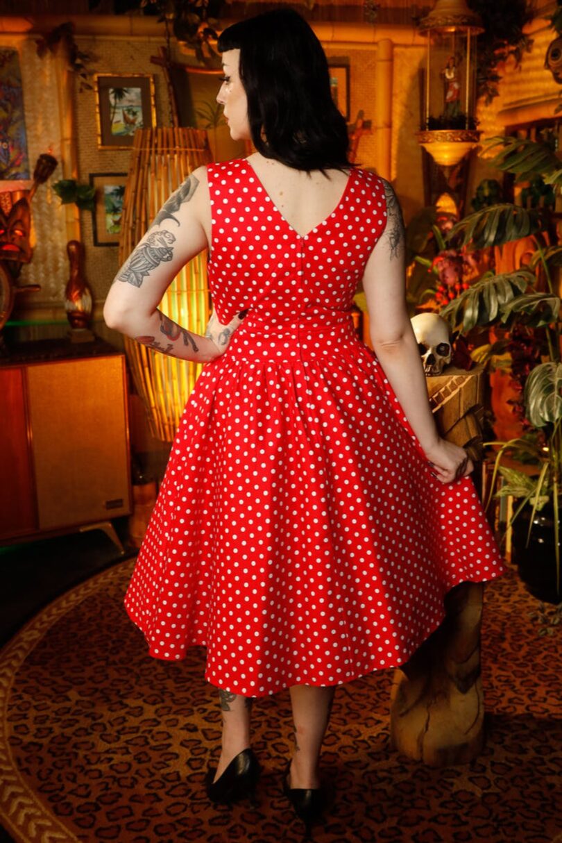 May V-neck 50s Style Swing Dress in Red Polka  Shop now at Kitty Darling
