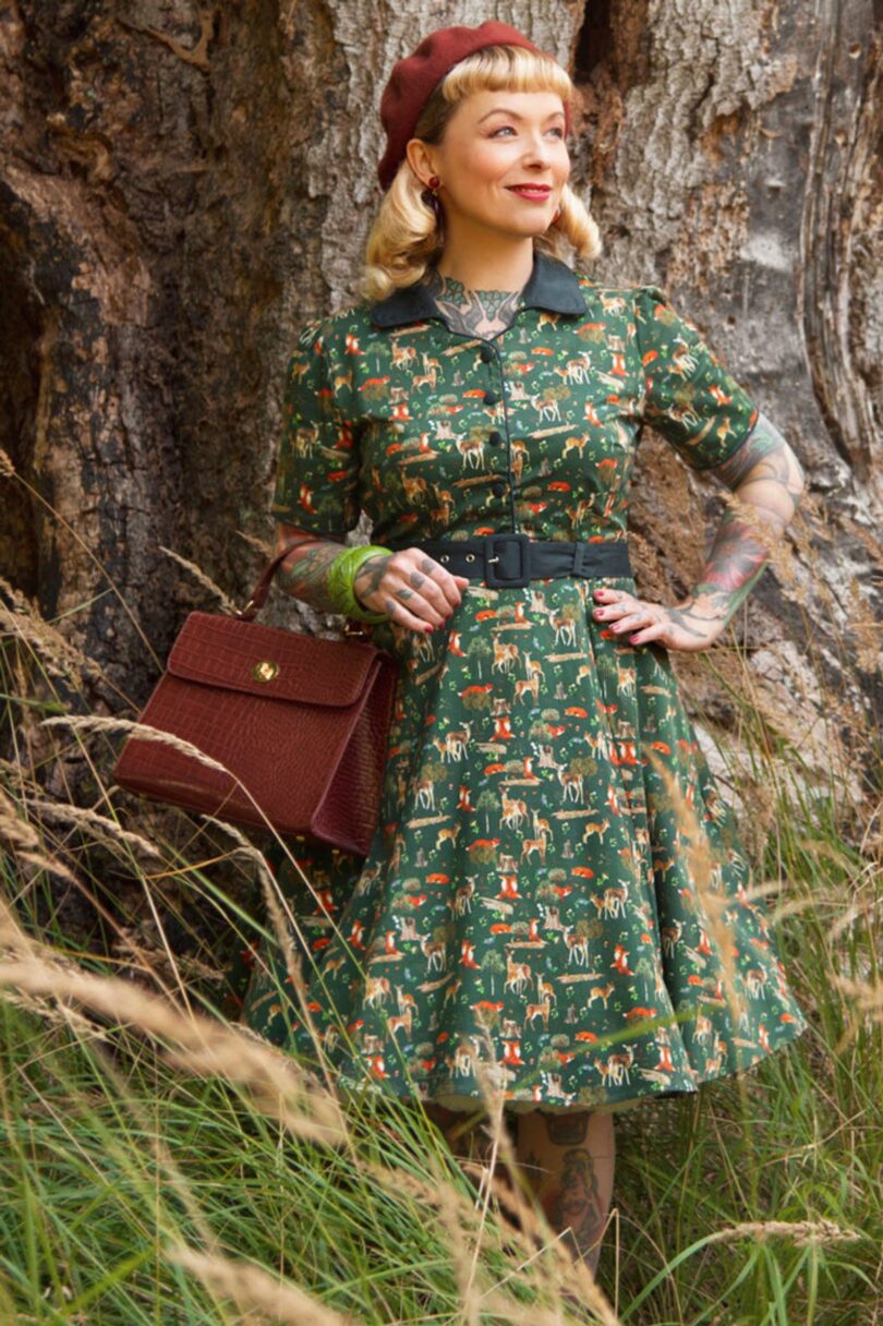 Penelope Dark Green Woodland Shirt Dress  Shop now at Kitty Darling