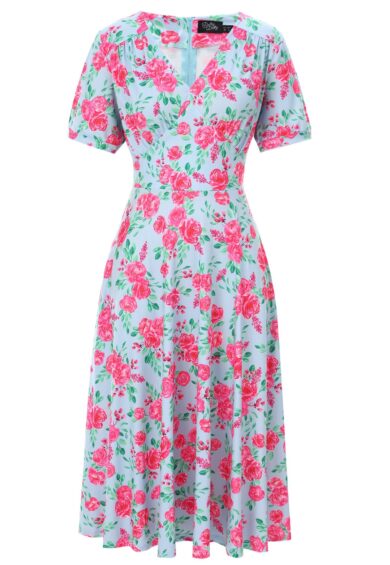 Julia Pink Rose Midi Dress In Baby Blue – Dresses | Kitty Darling