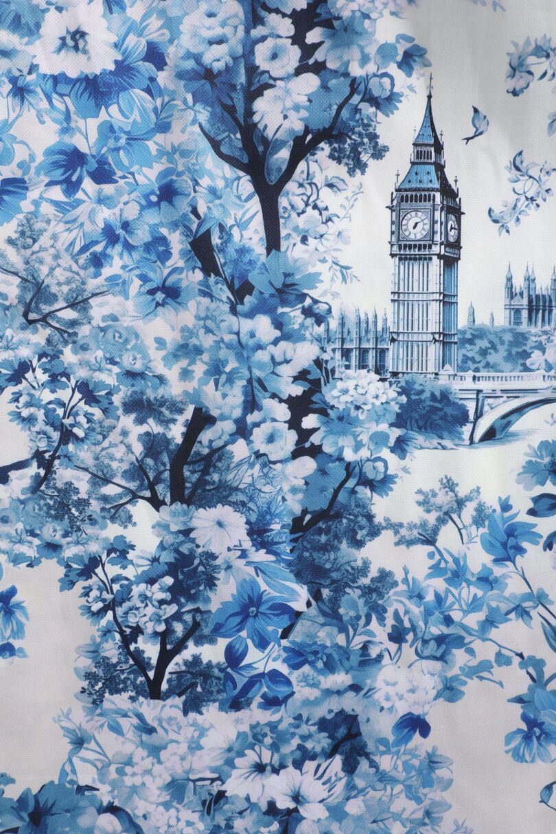May V-neck White 50's Style Blue Big Ben Print Swing Dress  Shop now at Kitty Darling