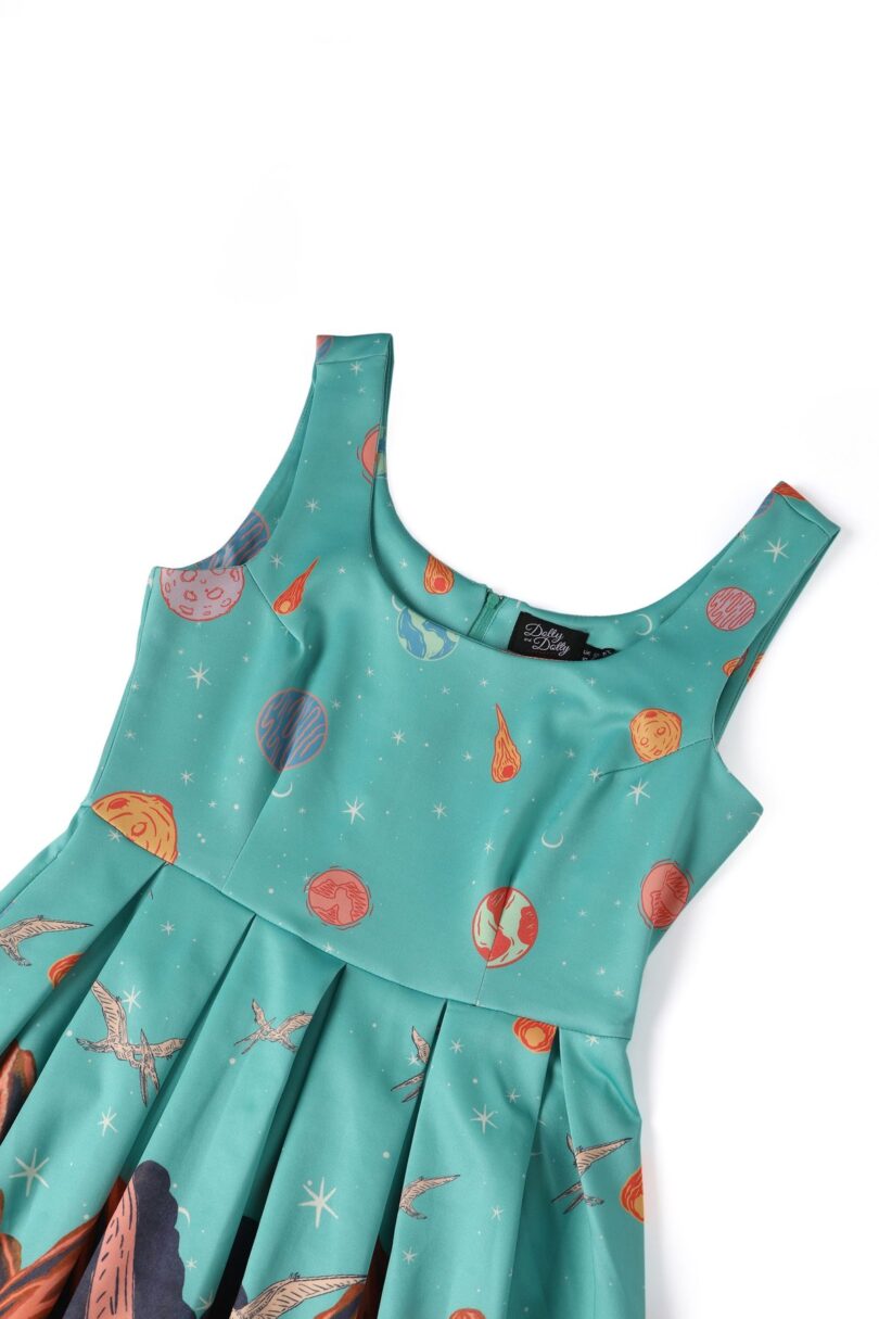 Amanda Turquoise Dinosaur World Print Swing Dress  Shop now at Kitty Darling
