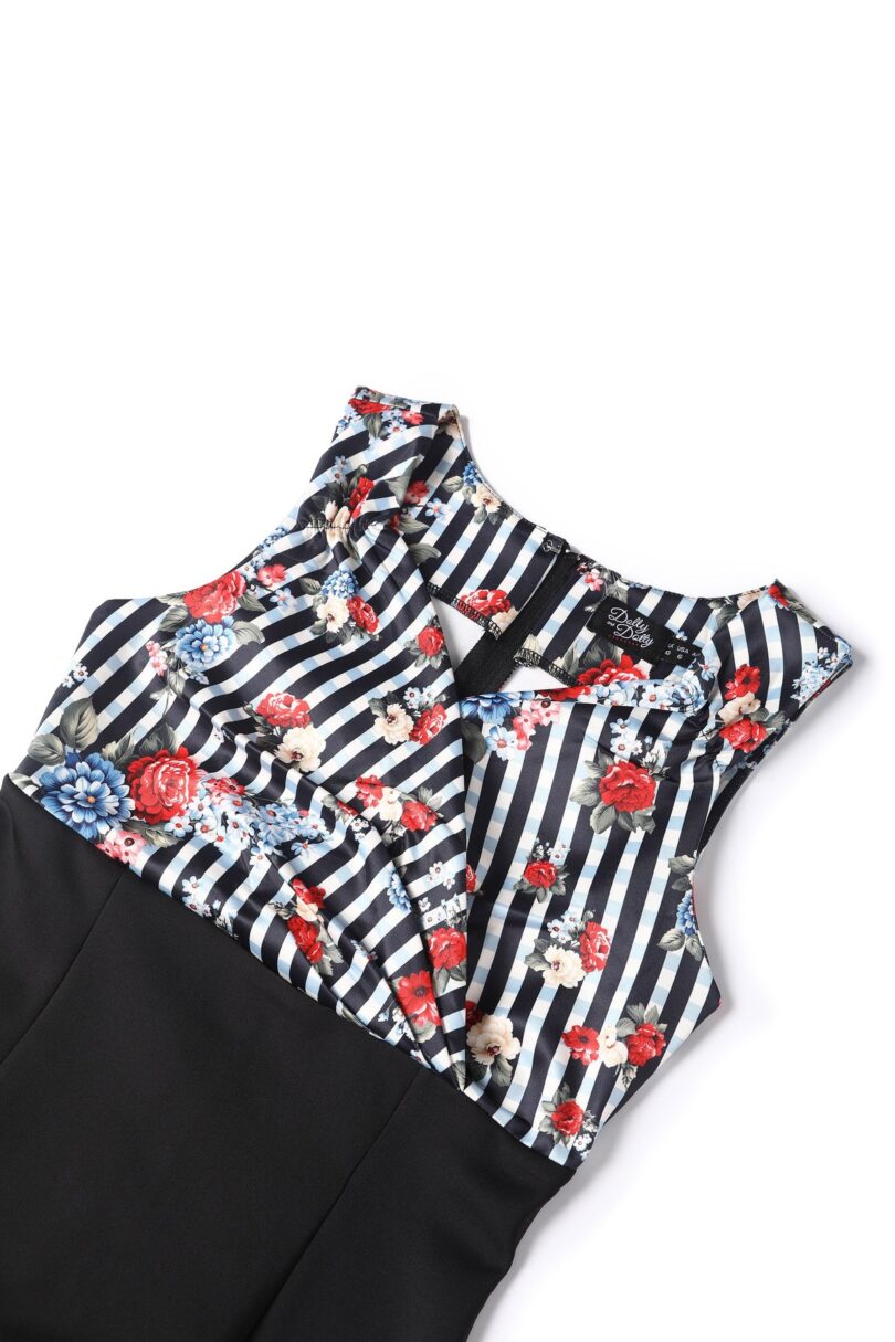 Cheryl Fitted Glam Vintage Striped Floral Print & Black Skirt  Shop now at Kitty Darling
