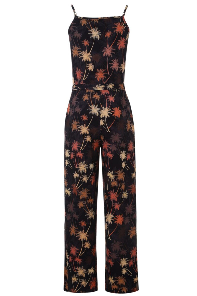 Brigitte Dark Brown Palm Trees Print Strappy Jumpsuit  Shop now at Kitty Darling
