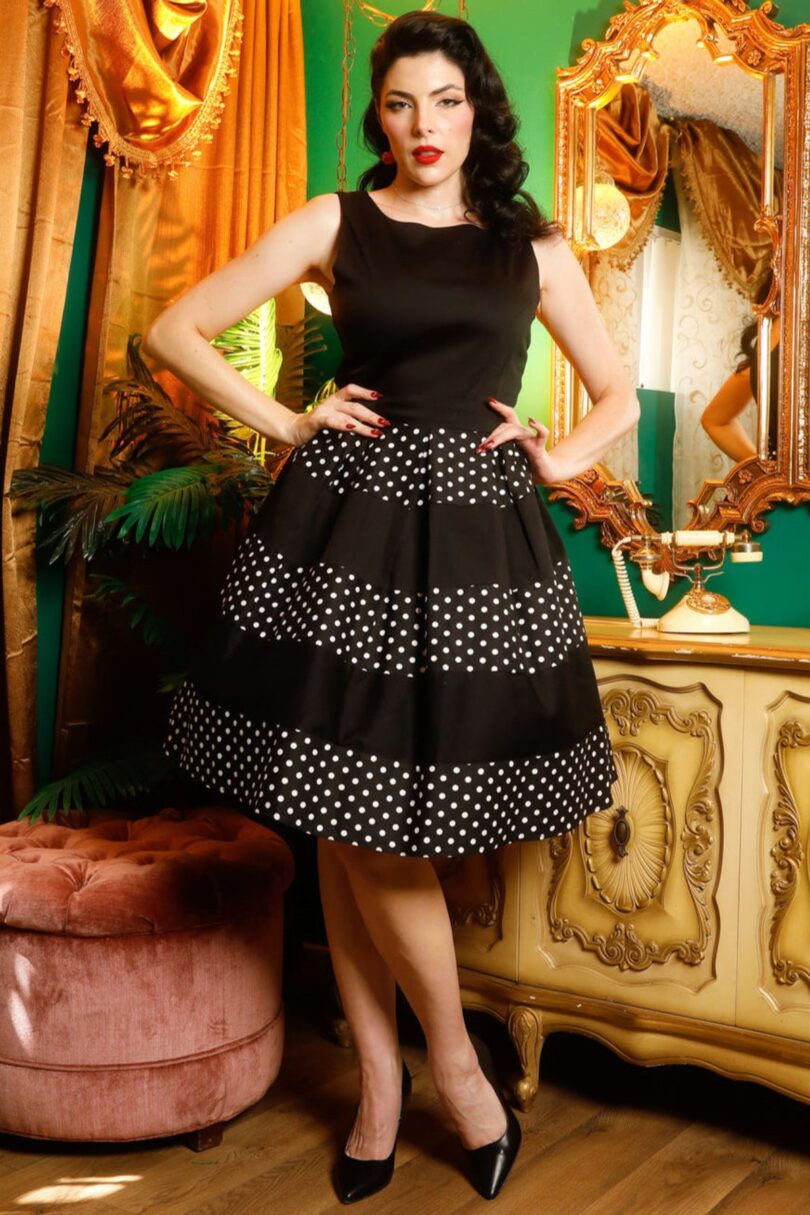 Anna Adorable Striped 50s Inspired Swing Dress in Black  Shop now at Kitty Darling